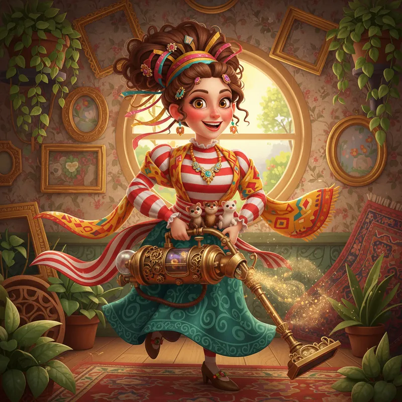 Vintage Vigor: Sweeping Through Style - A dynamic illustration of a whimsical woman dressed in bold stripes and eccentric layers, her hair piled high with decorative bands. Her distinctive facial features include large, lively eyes and blushing cheeks. She energetically dusts with a dazzling vintage hoover, playful ferrets clinging to her sash. The vintage-filled interior pops with ornate frames, patterned rugs, and verdant greenery, all rendered in charming 3D cartoon fashion. - AI image generated with Nano Banana