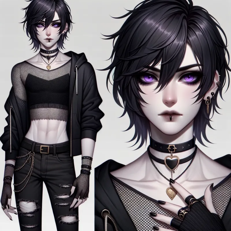 Violet Gaze - A feminine male figure with pale skin and mesmerizing faintly glowing violet eyes. He has shoulder-length dark brown hair with black-dyed tips, always kept in a sleek bun. His look includes black eyeliner and shadow, enhancing the dark rings under his eyes. Dressed in a black mesh top under a cropped black hoodie, paired with black ripped skinny jeans, fingerless gloves, and worn combat boots. His accessories include black and gold rings and piercings with enchanting qualities, completed with a black choker featuring a gold heart locket. - AI image generated with Art
