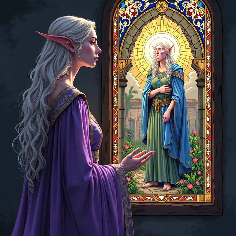 Violet Guardian of the Sacred Window - An elegant elf woman, her skin a radiant purple, clad in exquisite robes, gazes thoughtfully at a breathtaking stained glass mosaic that depicts ancient elven history. - AI image generated with Photorealistic 2 - fantasy art