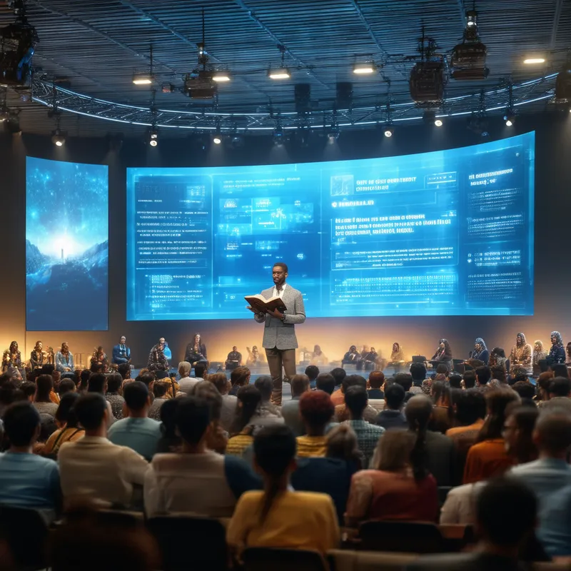 Virtual Sermon - A scene showing a virtual church service led by an AI pastor, presenting Bible teachings to a diverse audience. It's all being broadcasted on YouTube with an active live chat discussion.