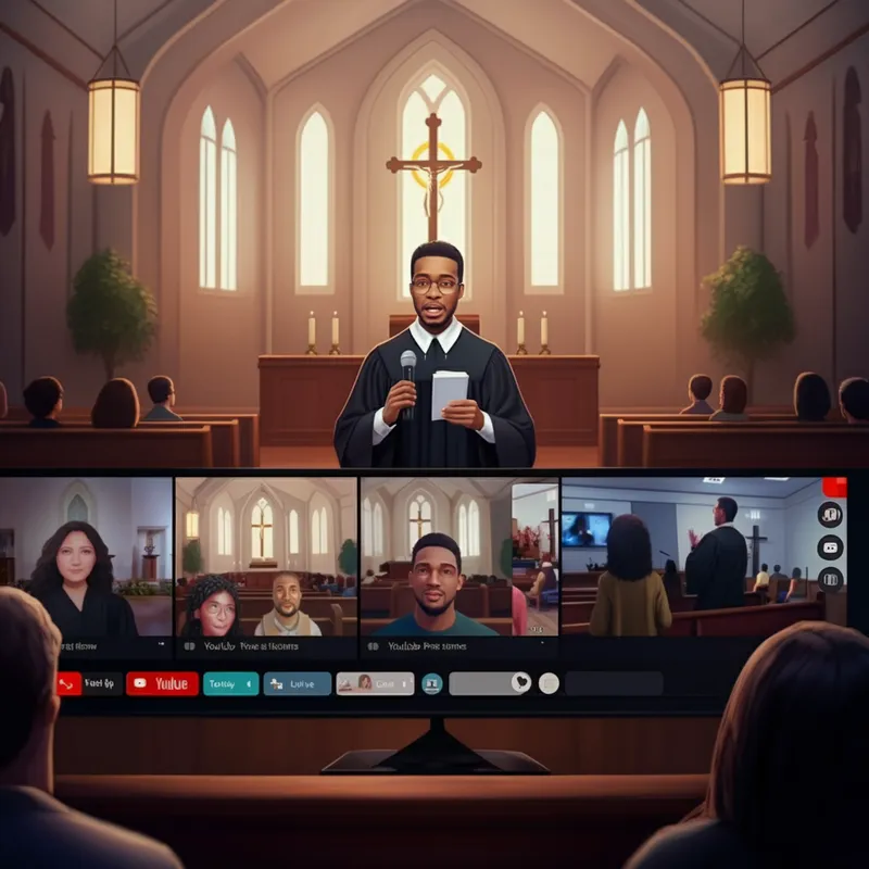 Virtual Sermon - A scene showing a virtual church service led by an AI pastor, presenting Bible teachings to a diverse audience. It's all being broadcasted on YouTube with an active live chat discussion. - AI image generated with Imagen 3