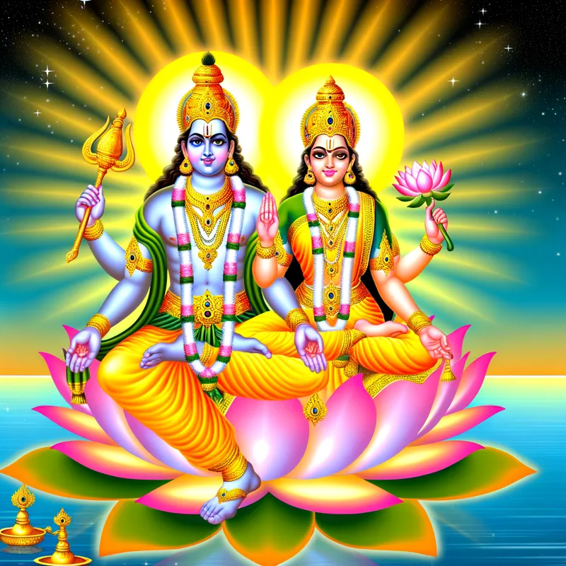 Vishnu & Lakshmi Divine Radiance - "Generate an image of Lord Vishnu with Goddess Lakshmi. Vishnu should be seated on a golden lotus, holding a conch, discus, and lotus. Lakshmi should have four arms, holding lotus flowers in two hands and blessing gestures in the others, both surrounded by divine radiance with a background of stars and the ocean." - AI image generated with Art