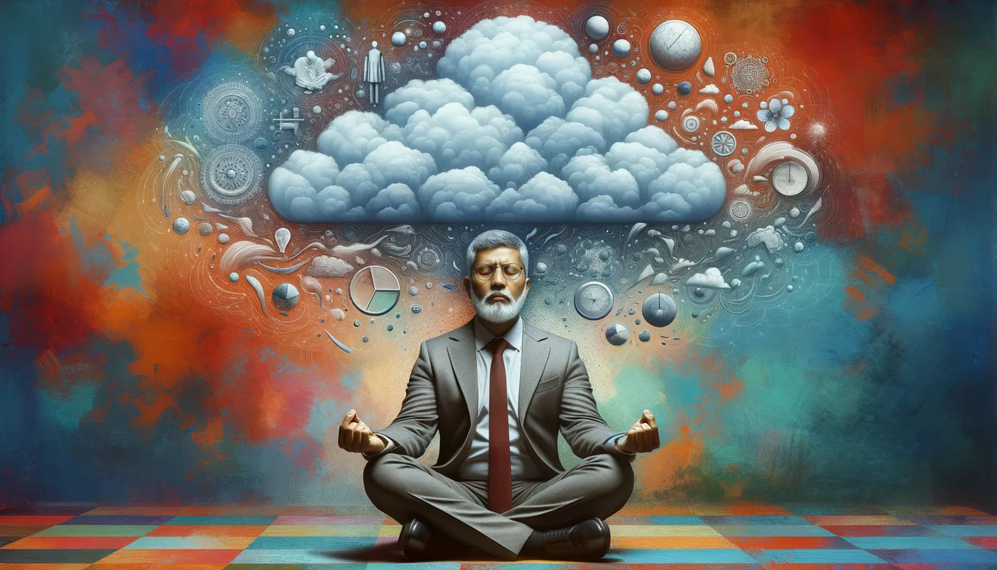 Visualizing Aspirations - An image of a person meditating or visualizing their goals, with a vision of what they want to achieve in a thought cloud above their head,energy colors,art - AI image generated with Art - abstract