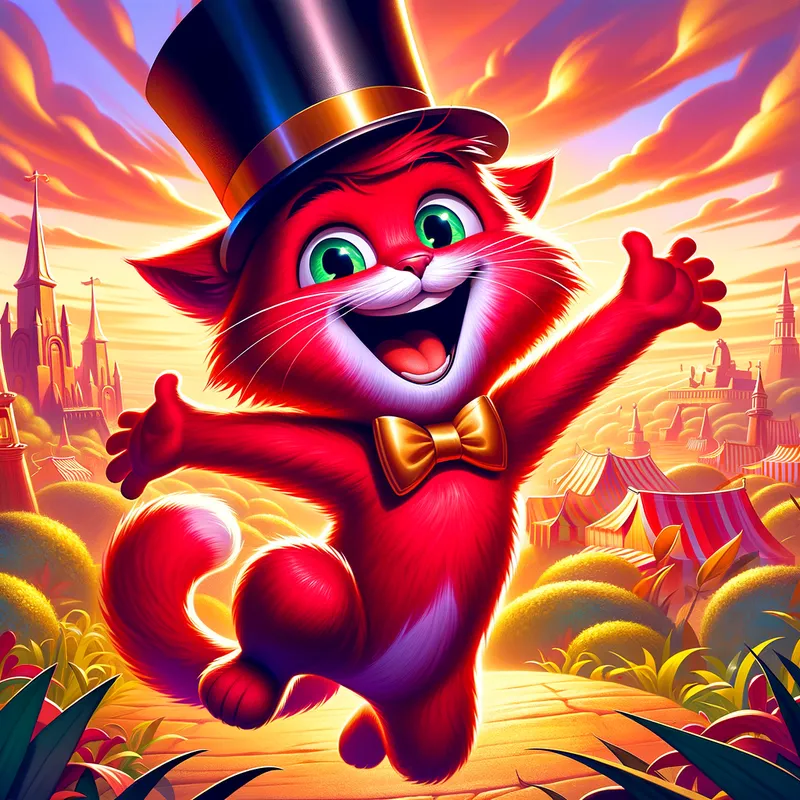Vivacious Red Cat - A spirited and cute red cartoon cat, gleefully wearing a top hat, depicted with an energetic and joyful demeanor, surrounded by a fun-filled scenery. - AI image generated with Art