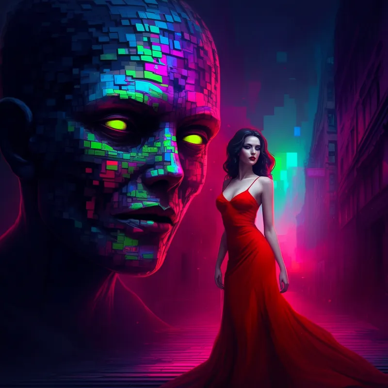 Vivid Collision: Beauty Meets Horror - A haunting and eerie figure looms in the shadows, its face composed of chaotic pixelated blocks that shimmer and shift in hues of deep purple, neon green, and electric blue. This unsettling visage stares intently at a stunning woman, whose flowing red dress contrasts sharply against the dark, distorted background. She stands confidently, her striking features illuminated by flickering lights that give the scene a surreal and dreamlike atmosphere. The environment is an abstract urban landscape, with warped buildings and swirling colors, blending reality with a nightmarish vision. The mood is tense yet intriguing, as the interplay of light and shadow creates a sense of unease. The artwork captures a warped, psychedelic style reminiscent of trippy digital art, inviting viewers into a world where beauty and horror collide.
Would you like to add any specific details or elements to this scene? - AI image generated with Imagen 3