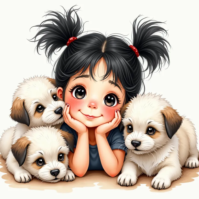 Vivid Dreams: Watercolor Whimsy - Painterly, ultra-detailed watercolor and ink illustration of a freckled little girl with black hair in two buns, giving a crooked smile. She lies on her stomach surrounded by happy Maltese puppies, resting her head on her hand. Features large, expressive eyes, lively joyful hues, and a composition structured by the rule of thirds. The intricate detail, balance, and whimsy echo both Luis Royo and Kandinsky styles. 1:1 ratio, showcasing adorable children and playful pets. - AI image generated with Photorealistic 2