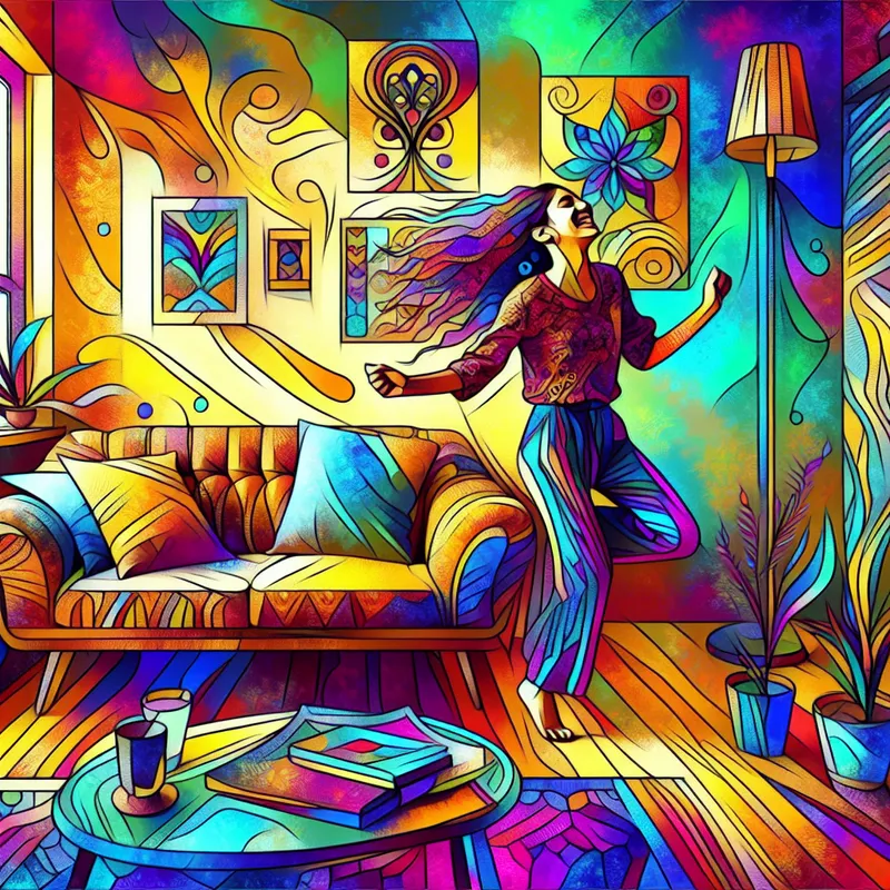 Vivid Girl Dancing in Living Room - A drawing with bold outlines and vivid colors of a girl dancing in a living room - AI image generated with DALL-E 3