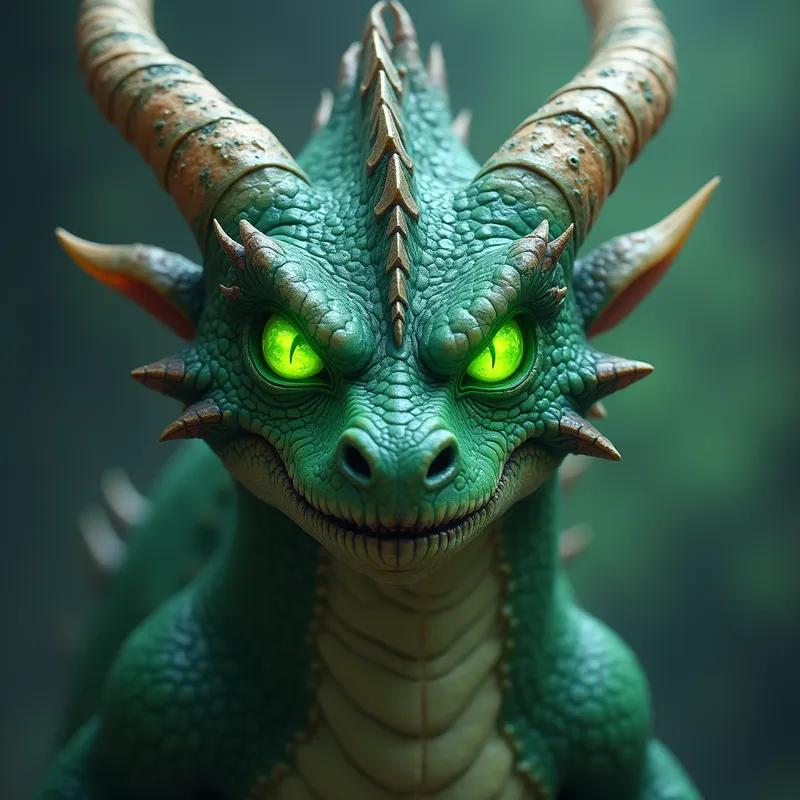 Vivid Green-Eyed Dragon - malevolent green glowing eyes dragon - AI image generated with Photorealistic 2 - colorful