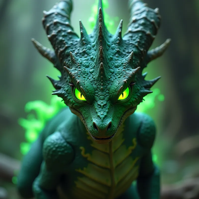 Vivid Green-Eyed Dragon - malevolent green glowing eyes dragon  - AI image generated with Photorealistic 2 - colorful