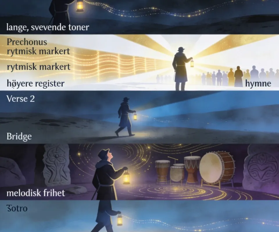 Vokterens Hymne – Sjel og Ansvar - Vers 1 (16 takter)
Melodi:
• Lavt register, nesten hviskende i starten
• Lange, svevende toner på slutten av hver linje
• Melodien beveger seg mest mellom tonene D–F–G–A
Følelse:
• Observasjon, årvåkenhet, ansvar
• Som om vokteren går gjennom mørket med en lykt
Pre-chorus (8 takter)
Melodi:
• Stiger gradvis i intensitet
• Rytmen blir mer markert
• Bygger opp til refreng med en liten melodisk “knekk” på slutten
Følelse:
• Forberedelse, innsikt, oppvåkning
Refreng (16 takter)
Melodi:
• Kraftigere, mer åpne toner
• Høyere register
• Melodien løfter seg på ordene “vaktmesteren” og “sjel og celler”
Akkordforslag:
• Dm – Bb – F – C (episk og løftende)
• Alternativt mørkere: Dm – Gm – Bb – A
Følelse:
• Dette er sangens hjerte: rollen, byrden, ansvaret
• Skal føles som en hymne
Vers 2 (16 takter)
Melodi:
• Tilbake til roligere register
• Litt mer rytmisk enn vers 1
• Melodien kan variere litt for å vise utvikling
Følelse:
• Erfaring, vandring, vurdering av sjeler og samfunn
Pre-chorus (8 takter)
Samme som første, men med litt mer kraft i vokalen.
Refreng (16 takter)
Samme melodi, men med mer backing-vokal eller harmonier.
Bro (12–16 takter)
Melodi:
• Mer melodisk frihet
• Kan gå ned i register igjen for kontrast
• Eller opp for dramatikk — begge fungerer
Følelse:
• Filosofisk, nesten rituell
• Som om vokteren snakker til tiden selv
Musikalsk idé:
• Legg inn trommer som bygger sakte
• En dyp basslinje som pulserer
Refreng (utvidet – 24 takter)
Melodi:
• Første halvdel som vanlig
• Andre halvdel med improvisasjon, høyere toner, eller ekstra harmonier
Følelse:
• Kulminasjonen av alt
• Vokteren står støtt, trygg, evig
Outro (8–12 takter)
Melodi:
• Rolig, synkende
• Tilbake til samme stemning som introen
• En siste tone som henger lenge i luften
Følelse:
• Vokteren går videre
• Jobben tar aldri slutt - AI video generated with Lite