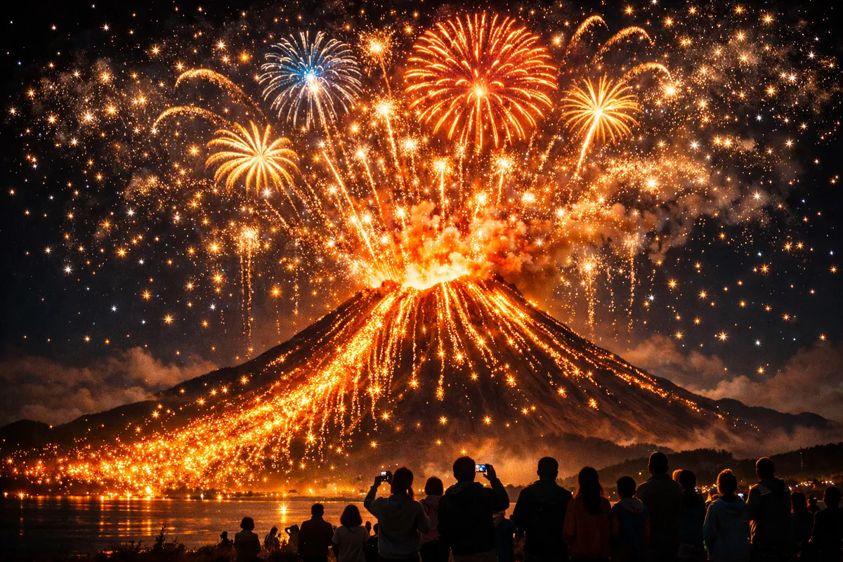 Volcanic Firework Fusion - A surreal scene where a volcano's eruption is composed of intricate firework patterns. The lava flow is replaced by glowing sparks, and the smoke by shimmering lights, all bursting forth in a spectacular New Year's display as people watch in awe from a safe distance. - AI image generated with GPT Image