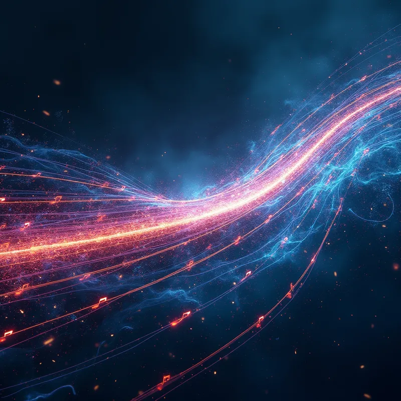 Voltage Sonata - An abstract musical landscape inspired by 'Die Elektrischen Vorspiele': flowing staffs of light, glowing notes turning into electric sparks, metallic textures, deep indigo background, streaks of magenta and cyan, dynamic motion, refined futuristic art style. - AI image generated with Photorealistic 2