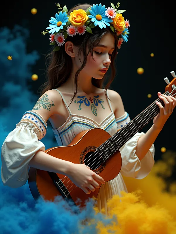 Volumetric lighting realistic scene of a - Volumetric lighting realistic scene of an 18-year-old girl in a Ukrainian national embroidered dress with open shoulders and a wreath of flowers on her head, with many tattoos of Ukrainian embroidery patterns. The style of Octane Render volumetric lighting psychedelic art. The girl is playing the bandura. The background is deep black, filled with colored decorative elements: flowers, leaves, spirals, symbols. The style is a combination of psychedelic and Ukrainian folklore, with blue and yellow fog. The atmosphere is energetic, mystical, and creative, with a Ukrainian ethnic touch. 3D. Volumetric lighting. Full HD. Aesthetic. Ukrainian national patterns and Ukrainian colors of the flag of Ukraine. - AI image generated with Photorealistic 2