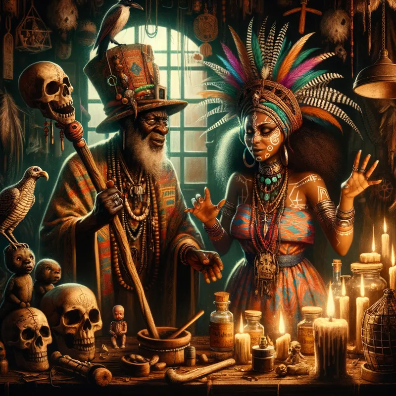 Voodoo Rulers - voodoo woman and voodoo king - AI image generated with Art