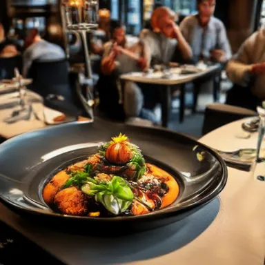 Wada Pav Fusion Cuisine - An upscale restaurant offering a gourmet twist on the traditional Wada Pav. The dish is artfully plated with unique garnishes, and diners are seen savoring the modern interpretation.