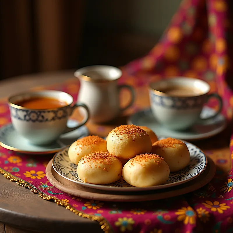 Wada Pav with Chai - A cozy setting with a plate of wada pav accompanied by a steaming cup of masala chai, placed on a wooden table with a colorful Indian tablecloth in the background, evoking a sense of warmth and comfort. - AI image generated with Photorealistic 2