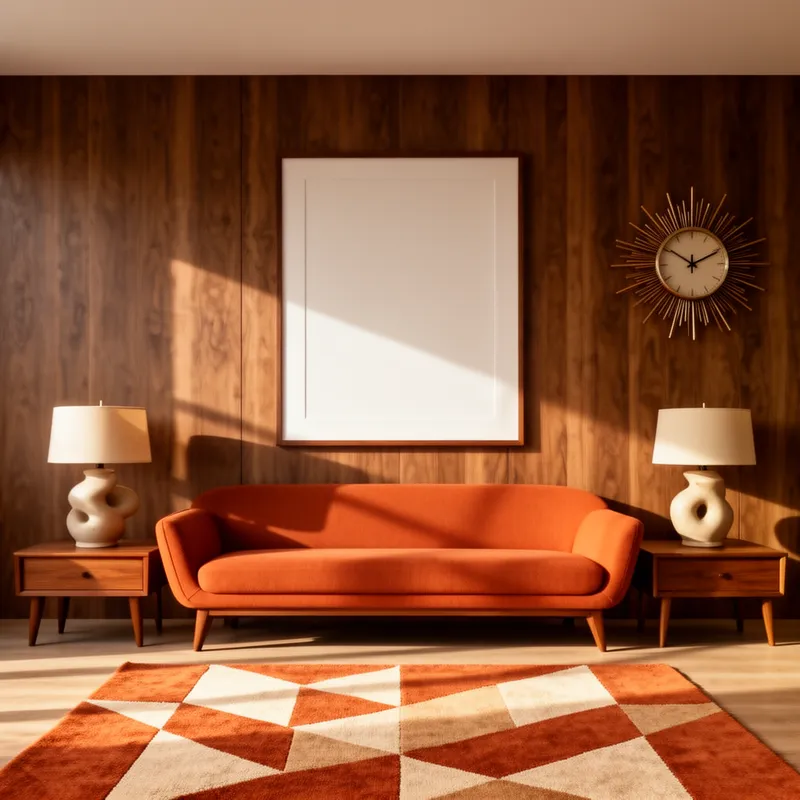 Walnut Panel Gallery Wall Scene - Head-on photorealistic interior mockup of a mid-century modern living room, flat wall perspective, rich walnut wood paneling backdrop, centered oversized blank matted frame above a streamlined orange sofa, matching teak side tables, sculptural ceramic lamps, iconic sunburst clock, terracotta and cream geometric rug, warm afternoon sunlight, refined minimal styling, crisp professional photography, ultra detailed, 4k - AI image generated with Flux 2