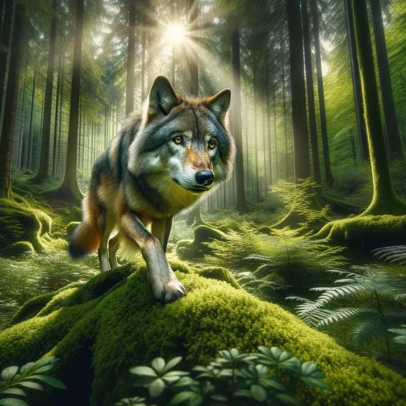 Wander in the Woods - A majestic wolf named Wander exploring a dense, green forest, with rays of sunlight breaking through the canopy. - AI image generated with Art