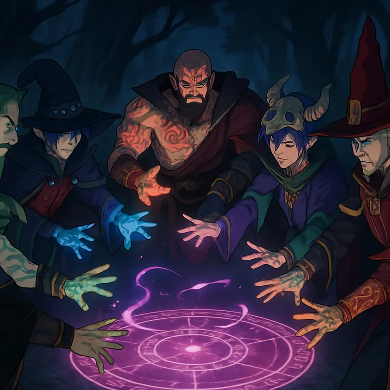 Warlock Coven Assembly - An anime-inspired scene showcasing a circle of warlocks engaged in a spellcasting ritual. Each warlock sports distinct arcane accessories, magical tattoos, and colorful attire. The setting is a shadowy, fantastical forest lit by eerie eldritch lights. - AI image generated with GPT Image
