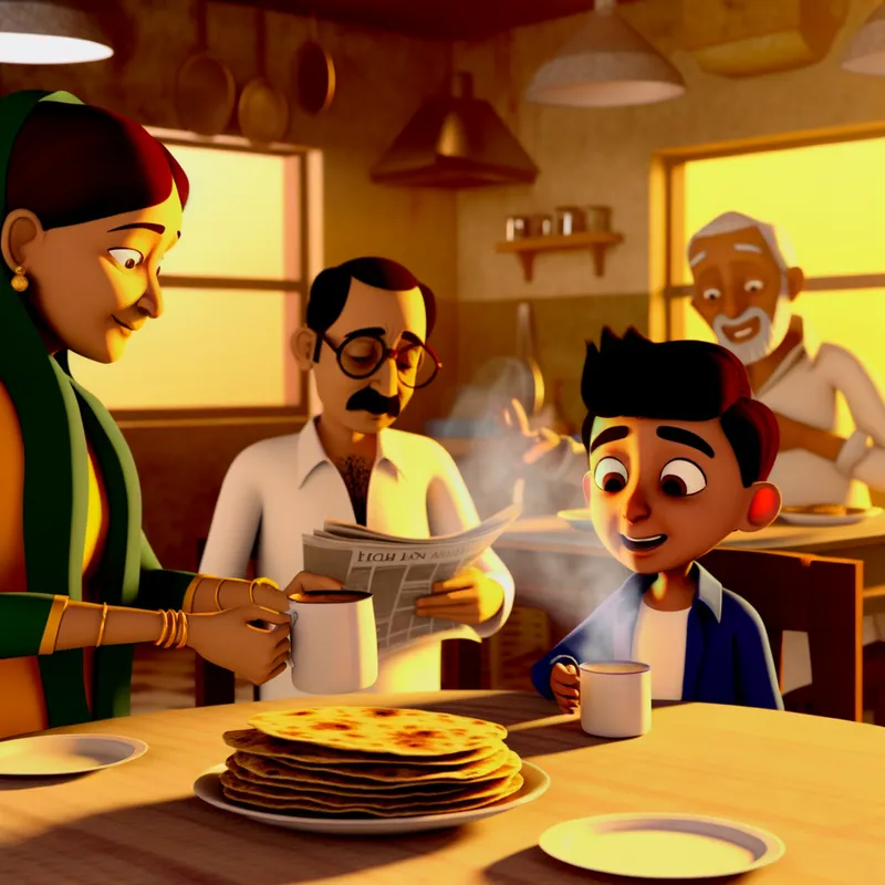 Warm Family Breakfast - Scene: The family gathers around a modest dining table, where Abhishek's mother serves hot parathas with a side of chai. His father, in his office attire, sips tea and reads a newspaper. The warm, golden light from the kitchen makes everything feel cozy.* *Animation: The camera zooms in to show the steam rising from the cup of chai. Abhishek's eyes brighten with excitement as his father encourages him to study hard for his dreams. His sister Meera playfully nudges him, making him laugh.* Disney Pixar ultra 8k - AI image generated with Art