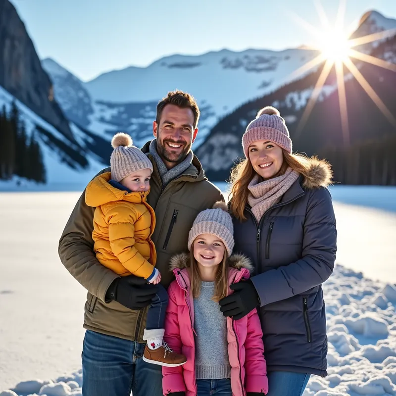 Warm Family Winter Wonderland - realistic winter photo: a family with two parents and two children, dressed warmly, facing the camera, in front of a frozen lake and a snow-covered mountain on a sunny day. - AI image generated with Photorealistic 2