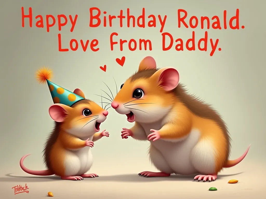 Warm Hamster Celebration - A charming scene with a father and son hamster celebrating a birthday. The young hamster is excited and sports a small party hat. Colorful text in the background spells out 'Happy Birthday Ronald. Love from Daddy'. - AI image generated with Photorealistic 2