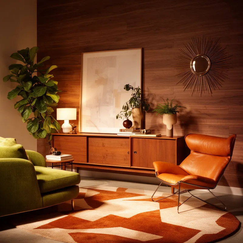 Warm Teak and Walnut Interior View - Professional interior photography style image of a mid-century modern living room seen from a slight angled perspective, with a warm walnut wood accent wall, a large framed artwork mockup presented naturally, avocado green sofa, teak credenza, tall fiddle leaf fig plant, sunburst mirror, caramel leather lounge chair, and an abstract geometric rug in burnt orange and cream, illuminated by soft warm directional lighting for a realistic lifestyle decor mockup, photorealistic, 4k, highly detailed. - AI image generated with Flux 2