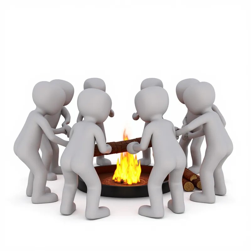 Warming Up Together - Cartoon-style figures viewed from behind, gathered closely around a fire pit situated on the ground. The people are adding logs from a pile beside them to the fire. The background is completely white. - AI image generated with Photorealistic 2