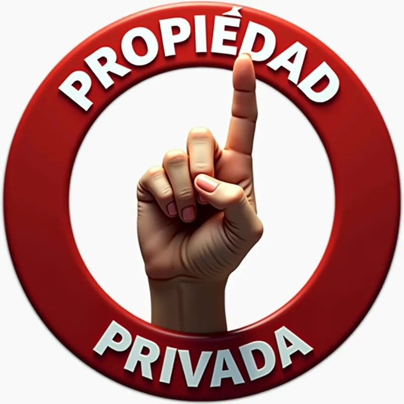 Warning Hand Symbol - An ultra-realistic circular symbol featuring a female hand with the index finger pointing upwards in a warning stance. The words 'PROPIEDAD' at the top and 'PRIVADA' at the bottom encircle the hand. - AI image generated with Text