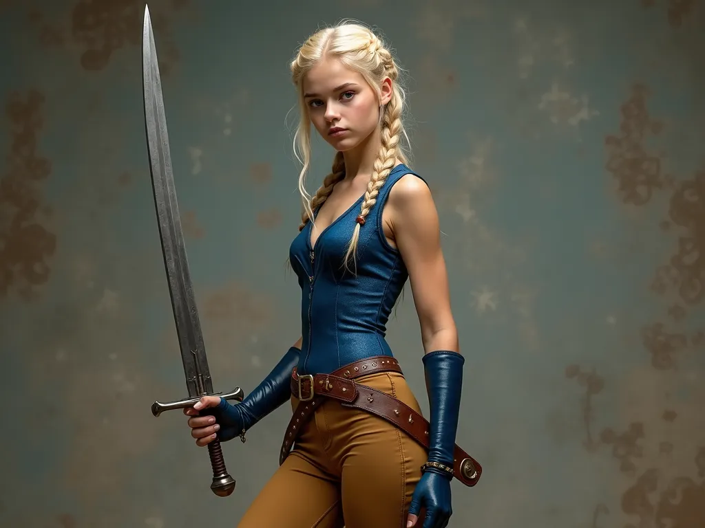 Warrior Maiden - Teenage girl, small tits, wearing a tight blue velvet vest only , tall , long legs, tan leather skintight pants, braided blond hair, short sword, poised for battle - AI image generated with Photorealistic 2