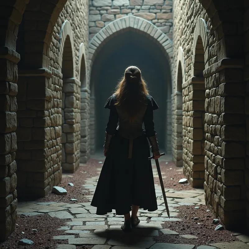 Warrior in the Shadows - A brave young woman, clad in medieval warrior attire, stealthily navigates the labyrinthine corridors of a dungeon. Her sword is at the ready, and she listens intently for any sign of the prisoners she has come to free. - AI image generated with Photorealistic 2