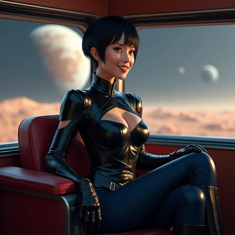 Warrior of Pluton - A stunning Asian female warrior with short hair, red eyes, and alluring face, sits in a private spaceship lounge. She wears a black leather armor with a deep neckline, long smooth leather gloves, dark blue pants, and glossy knee-high riding boots. Behind her is a large rectangular window showing her spacecraft landed on the surface of Pluto. She is seated, smiling and making direct eye contact. - AI image generated with Photorealistic 2