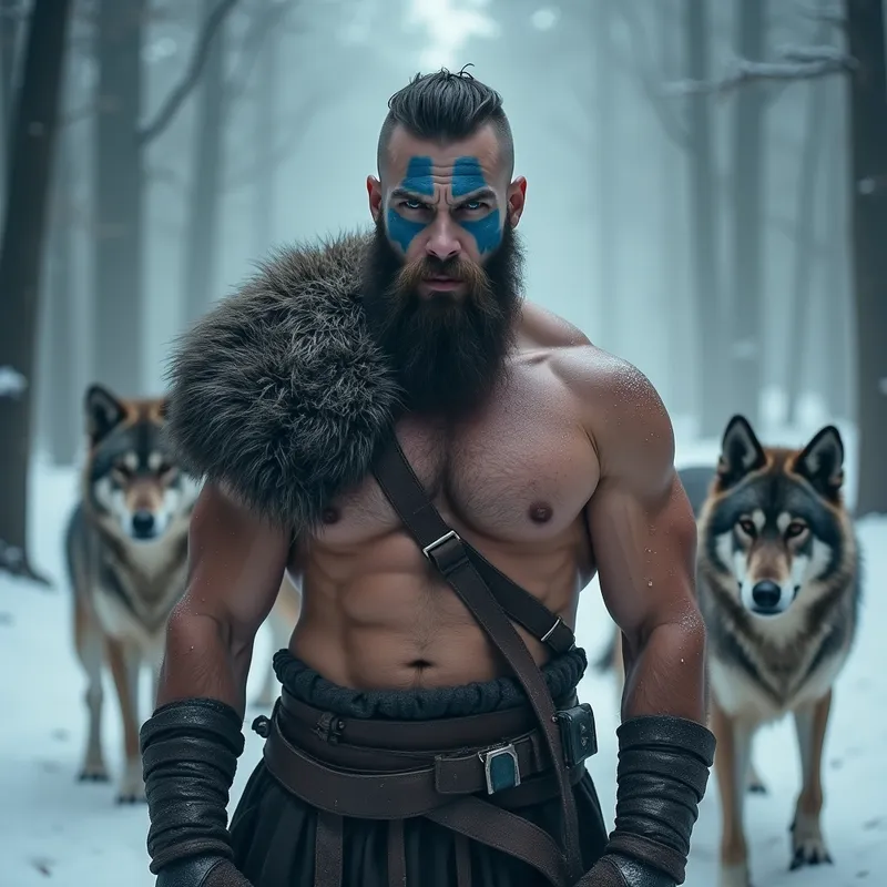 Warrior of the Wolves - A striking portrait of a muscular, sexy Viking man with a neatly trimmed short beard, fierce blue war paint streaked across his face. The atmosphere is intense, with a snowy forest background where several majestic wolves emerge from the mist, enhancing the warrior's feral energy. - AI image generated with Photorealistic 2