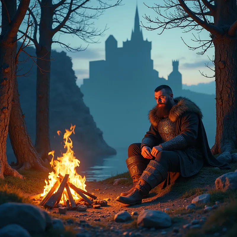 Warrior's Rest - Beside a crackling campfire, a battle-hardened viking mercenary takes a moment of reprieve. His stone cabin offers shelter while the ghostly silhouette of a ruined castle in the distance hints at past glories. - AI image generated with Photorealistic 2