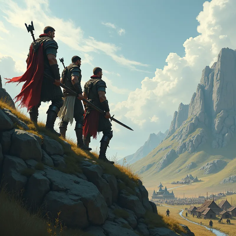 Warriors' Vigil - In the foreground, three male warriors stand on a steep hill, surveying a distant orc encampment. The mace bearer is poised in an aggressive stance, the swordsman looks ready to charge, and the archer has an arrow notched, aiming towards the camp. The scene is filled with the tension of an upcoming battle. - AI image generated with Photorealistic 2