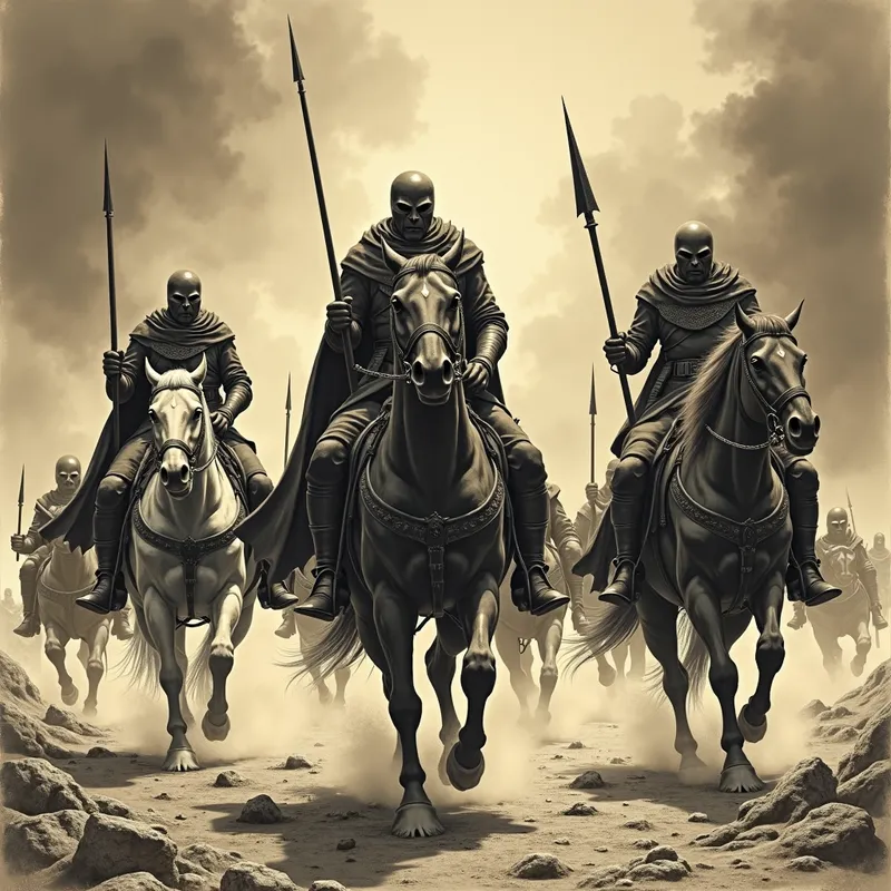 Warriors of Doom - In a hellish landscape of fire and smoke, three dark warriors on monstrous steeds command six footmen soldiers, ready to unleash chaos and destruction. - AI image generated with Photorealistic 2 - stippling drawing, sepia tone
