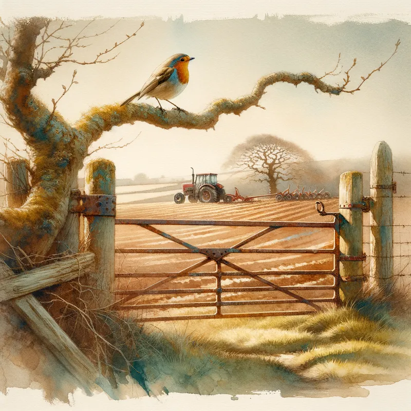 Watchful Passage - An old iron farm gate partially open, with a vigilant robin surveying the surroundings from a gnarled branch, while a distant tractor ploughs the field near a solitary tree under the afternoon sun. - AI image generated with Art - watercolor