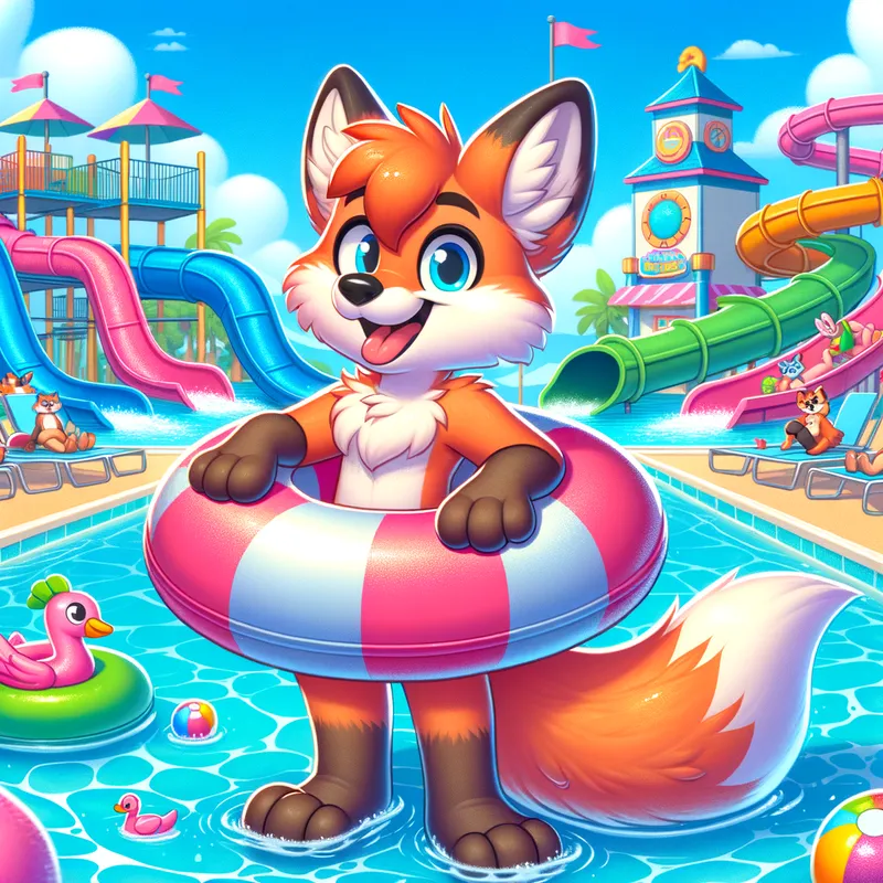 Water Park Excitement - Tails the fox wearing a red and pink rubber swim ring, having fun at a water park with exciting slides, splash zones, and colorful water attractions on a bright summer day. - AI image generated with Art