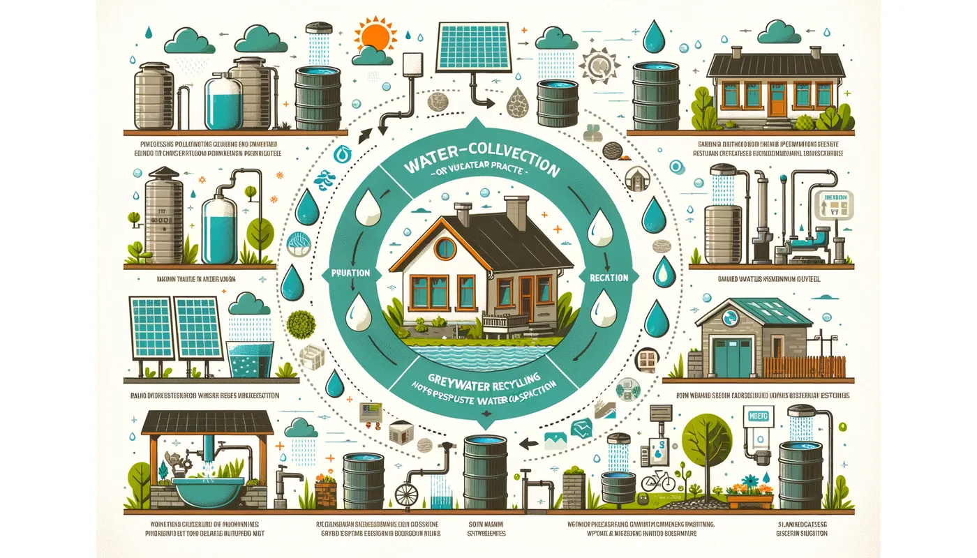 Water_Saving_Illustration_5 - A detailed infographic-style illustration showing the lifecycle of water-saving practices from collection, purification, and uses in both urban and rural settings. Features include diagrams of rain barrels, greywater systems, and landscape designs. - AI image generated with Art