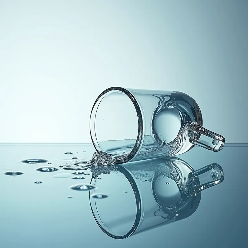 Water and Reflections - A photo-realistic rendering of a crystal-clear glass cup knocked over on a glass table, with water spilling out and forming intricate puddles and reflections on the glass surface beneath. - AI image generated with Photorealistic 2