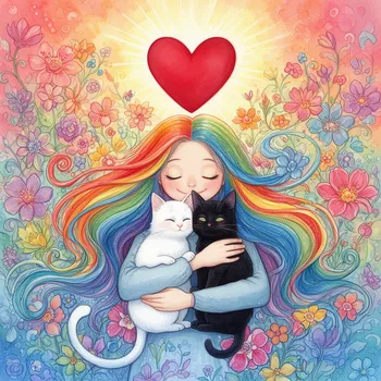 Watercolor Girl, Two Cats & Heart