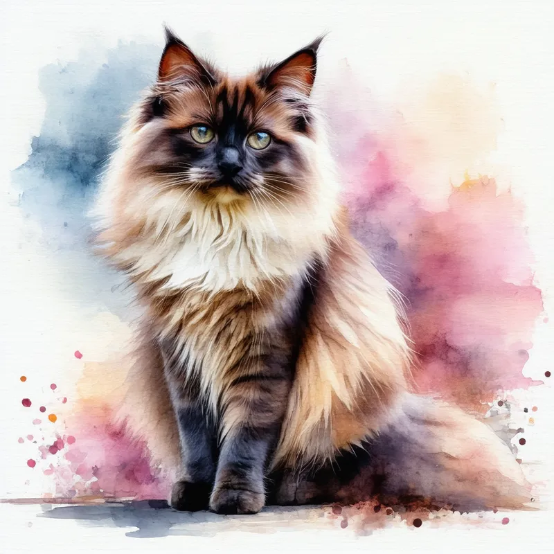 Watercolor Long-Haired Cat Painting - Please create a realistic watercolor image of a full body, long haired cat