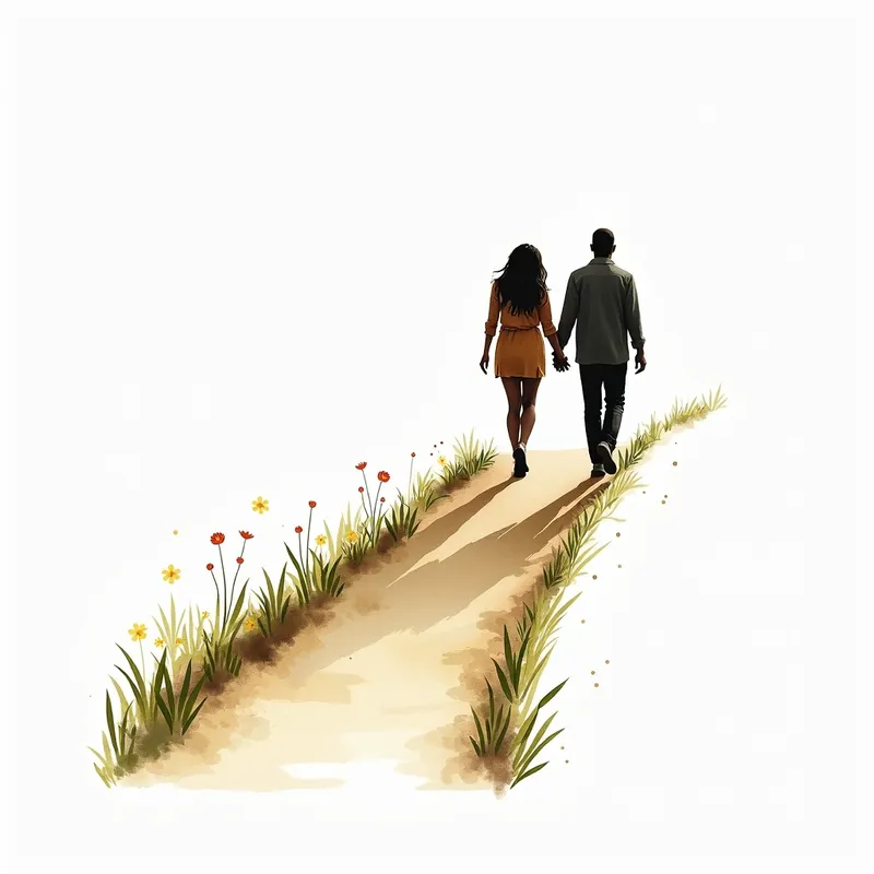 Watercolor Path Duo - image of a black couple walking up a path with one person in front and the other following behind, all white background, water color style - AI image generated with Photorealistic 2