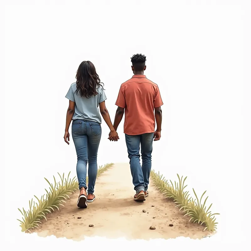 Watercolor Path Duo - image of a black couple walking up a path with one person in front and the other following behind, all white background, water color style - AI image generated with Photorealistic 2