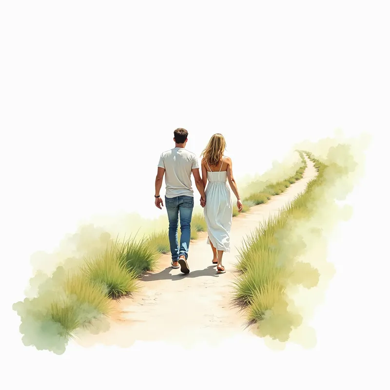 Watercolor Path Stroll - image of a couple walking up a path with one person in front and the other following behind, all white background, water color style - AI image generated with Photorealistic 2