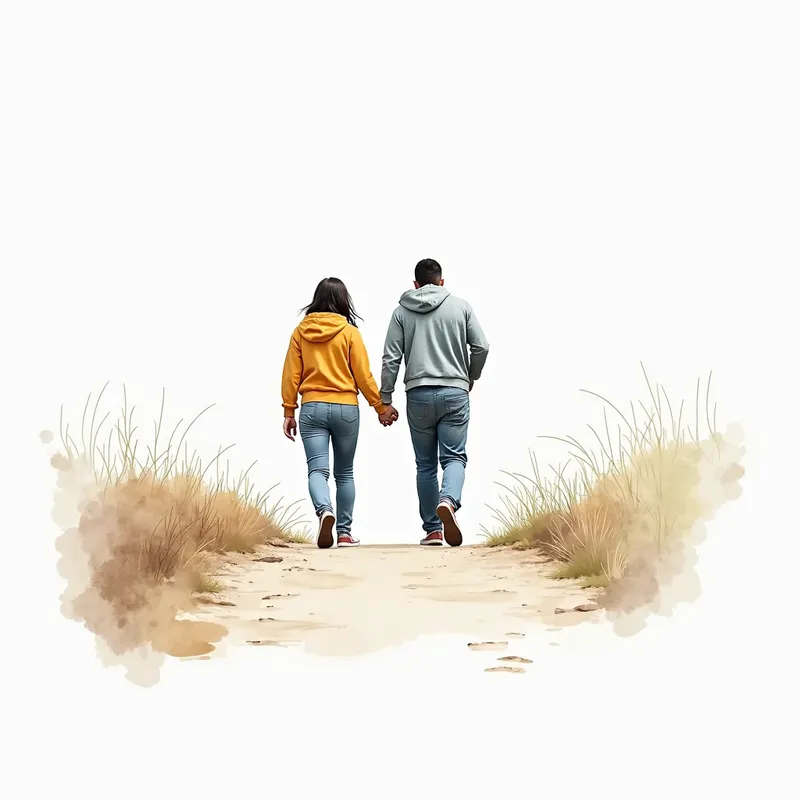 Watercolor Path Stroll - image of a couple walking up a path with one person in front and the other following behind, all white background, water color style - AI image generated with Photorealistic 2