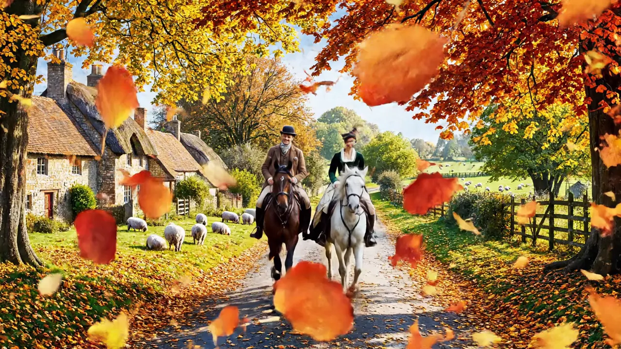Watercolor Victorian Autumn Ride - A 12K HIGH-RESOLUTION AI VIDEO CLIP in the style of a watercolor painting. THE AUDIO PLAYS THE SOUNDS OF HORSES TROTTING AND NEIGHING. THE AUDIO ALSO PLAYS THE SOUNDS OF BIRDS SINGING AND CHIRPING. THE FRAME BEGINS WITH A PANORAMIC VIEW OF AN 1800'S VICTORIAN ENGLISH SETTING. AN 18OO'S ATTIRED GENTLEMAN AND HIS LADY ON HORSEBACK ARE RIDING CASUALLY ON A COUNTRY AUTUMN DAY ON A COUNTRY LANE. THERE ARE COTTAGES AND FARM ANIMALS ALONG THE FIELDS. THE FOLIAGE IS EXQUISTE, REDS, ORANGES AND GOLDEN TO BRIGHT YELLOW LEAVES FLL FROM THE TREES AND FLOAT IN THE BREEZE. THE CAMERA ZOOMS IN TO AN OVER THE SHOULDER VIEW AS THE AUDIO PLAYS THE MAN SAYING IN A FIRM BUT EXCITED TONE, " Wow boy......easy now!" and the couple continues on down the country lane. - AI video generated with Veo 3.1 Fast