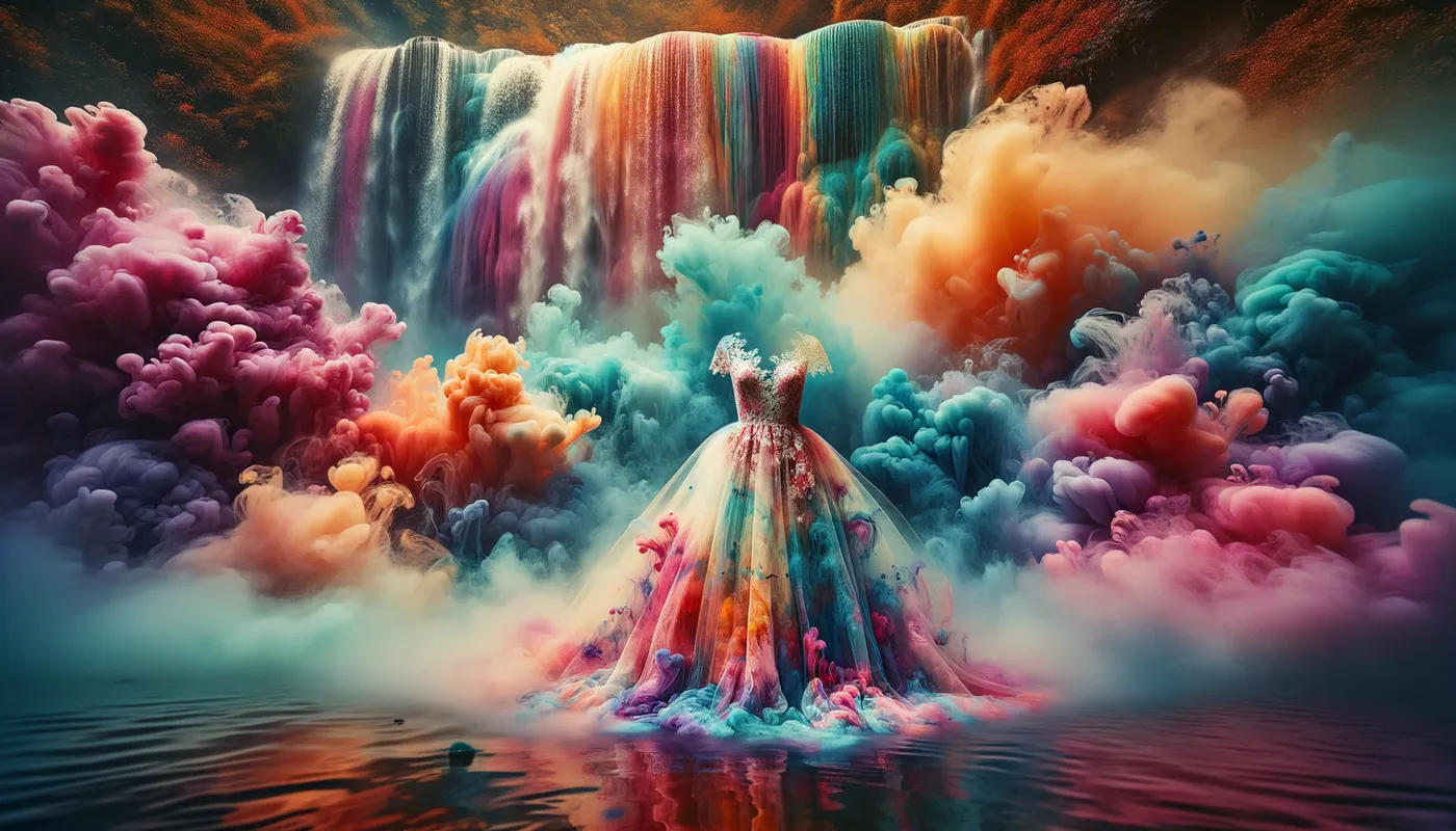 Waterfall Reverie - A dreamy, whimsical woman's dress suspended in the mist of a vibrant, multicolored waterfall, the alcohol ink-like tones creating a mesmerizing, otherworldly scene. - AI image generated with Art - alcohol ink