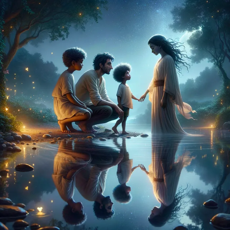 Water's Edge Memories - A magical depiction of a family moment by the water's edge. A father stands with his young daughter and son, staring at their reflections. The reflections morph into a mother and her son, symbolizing the everlasting connection between generations. - AI image generated with Art