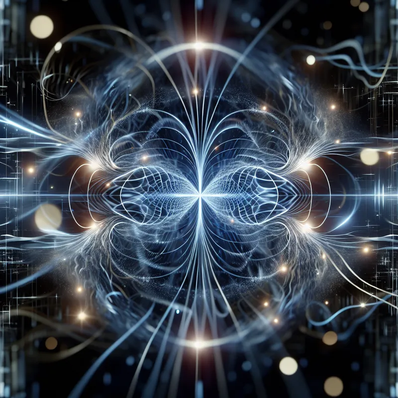 Wave-Particle Duality - An artistic interpretation of wave-particle duality, featuring photons or electrons transitioning from particles to an intricate interference pattern after passing through a double slit apparatus. - picture of the day, photorealistic, radial blur with long exposure time